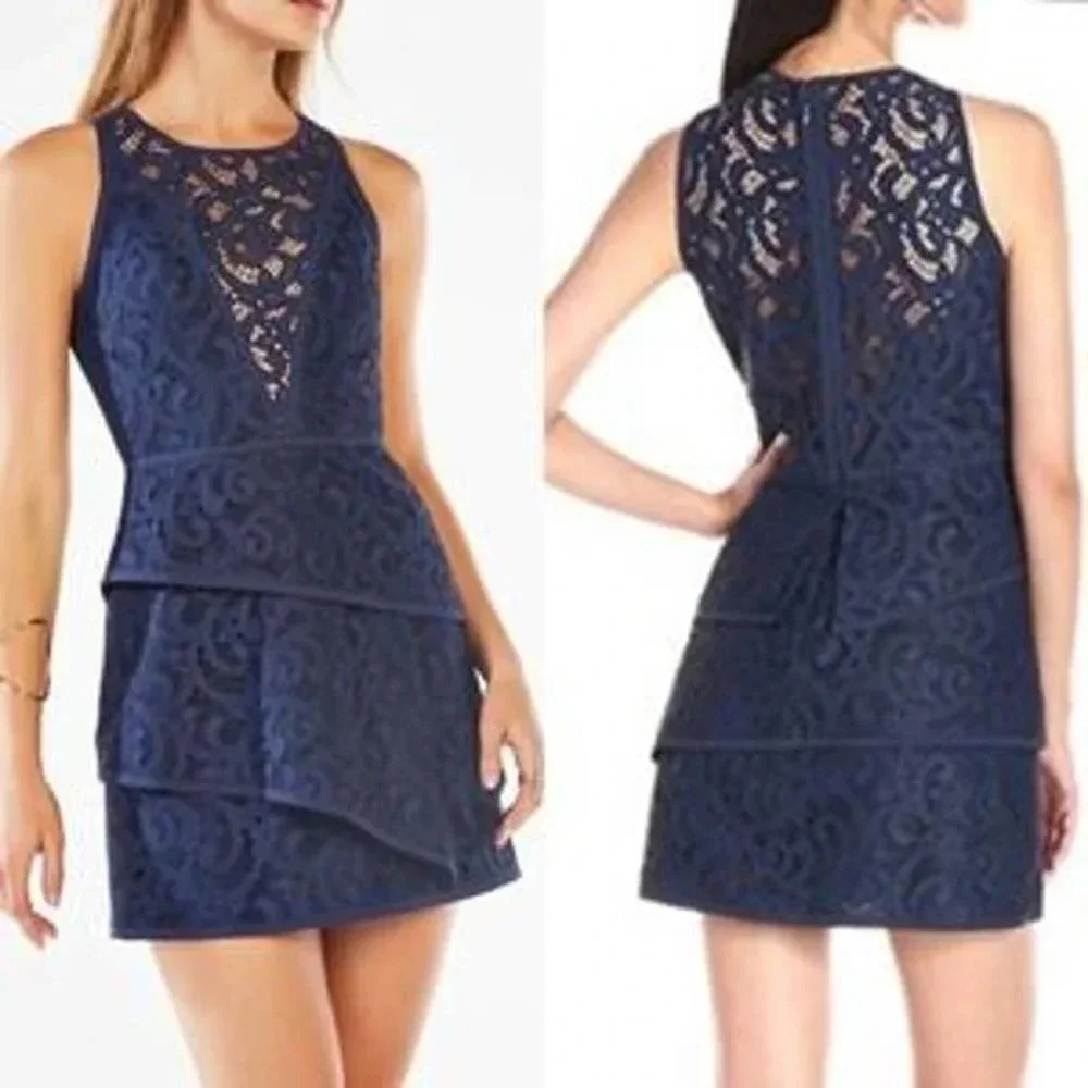 BCBGMAXAZRIA Hanah Navy Blue Lace Tiered Sleeveless Formal Cocktail Mini Dress